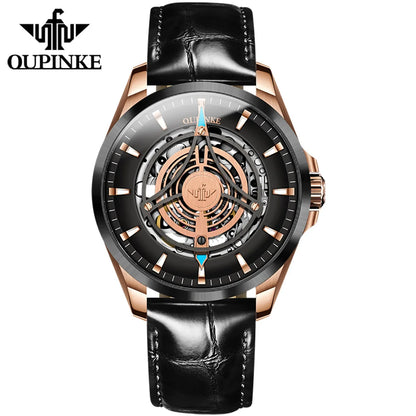 OUPINKE 3206 Automatic Mechanical Watch for Men Hollow 40mm Dial Original Hand Clock Synthetic Sapphire Mirror Leather Man Watch