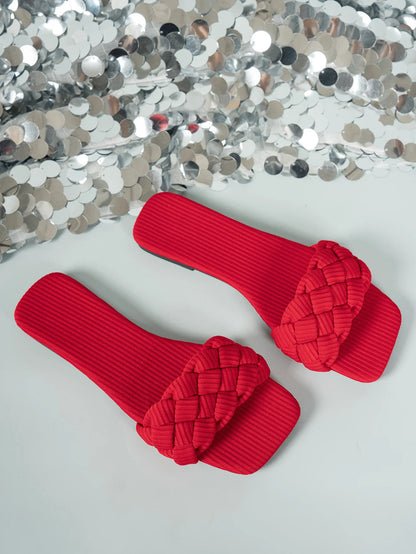 Square-toe Basket-Woven Sandals, Flat Home Slippers