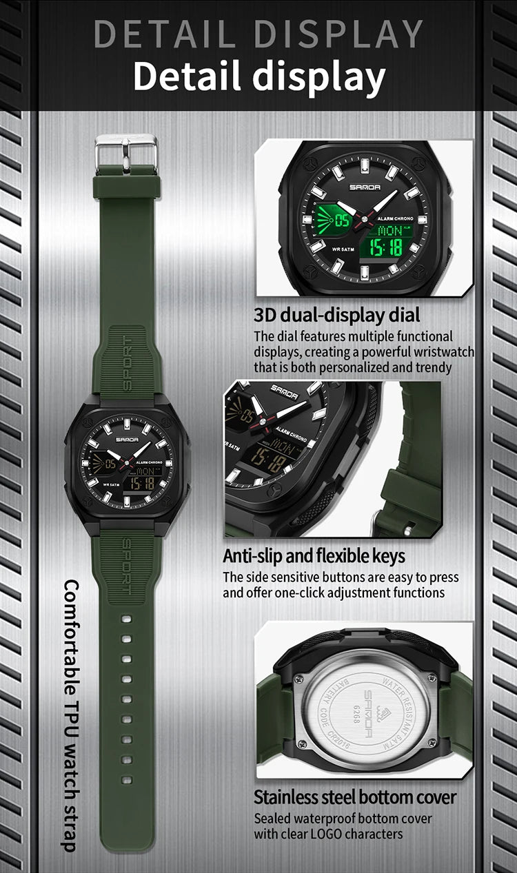 SANDA Quartz Watches for Men's Luxury Military Sport Chronograph Waterproof LED Dual Display Electronic Man Watches Reloj Hombre
