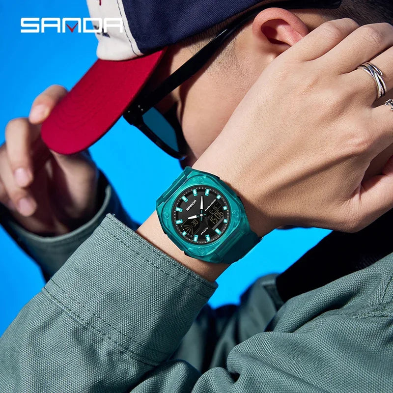SANDA Quartz Watches for Men's Luxury Military Sport Chronograph Waterproof LED Dual Display Electronic Man Watches Reloj Hombre