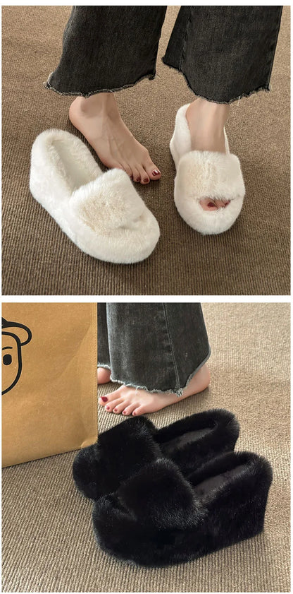 2024 Luxury New Women Feminine High-heeled Fur Drag Outdoor All-match Shoes Slippers Round Head Wedges with Mink Fur Slippers