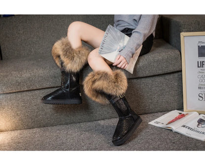 Winter Natural Fox Fur Long Boots Winter Fur Black Genuine Leather Snow Boots Knee- High Boots Waterproof Flat Raccoon Fur Boot