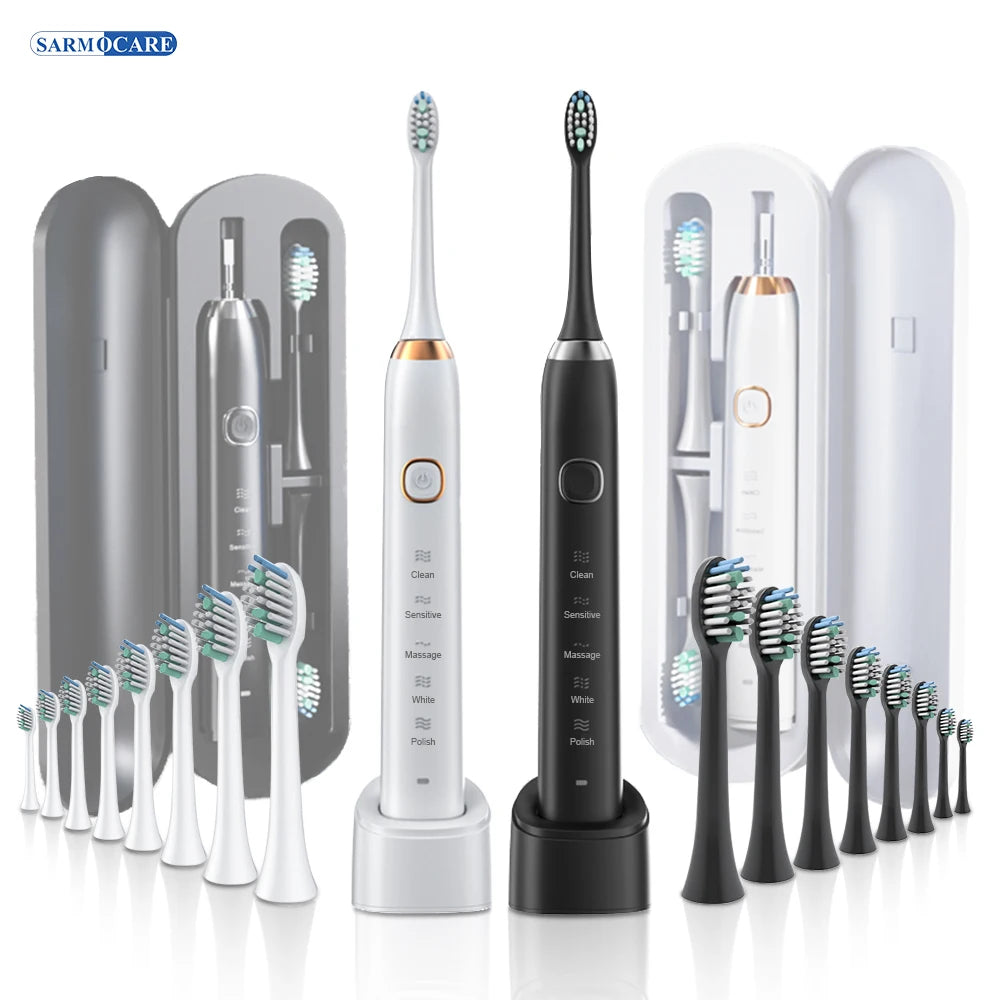 Sarmocare S100 Electric Sonic Toothbrush | Smart Rechargeable Ultrasonic Toothbrush with 8 Brush Heads for Deep Cleaning & Whitening