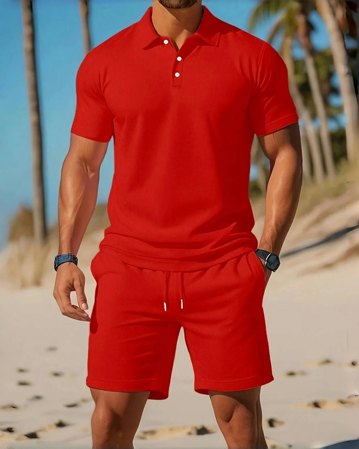 2025Men's business Casual beach sports Two-piece set, Drawstring elastic waist sports shorts set, button access control lapeltop