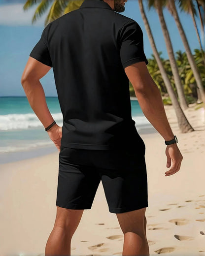 2025Men's business Casual beach sports Two-piece set, Drawstring elastic waist sports shorts set, button access control lapeltop