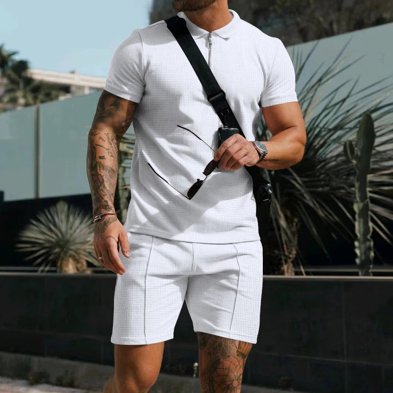 Men's Comfortable Short-Sleeved Waffle Polo Shirt And Shorts Set - Breathable Lightweight Spring/Summer Clothing