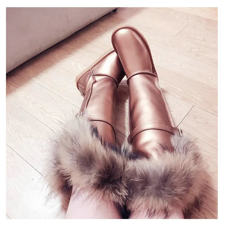 Winter Natural Fox Fur Long Boots Winter Fur Black Genuine Leather Snow Boots Knee- High Boots Waterproof Flat Raccoon Fur Boot