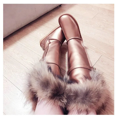 Winter Natural Fox Fur Long Boots Winter Fur Black Genuine Leather Snow Boots Knee- High Boots Waterproof Flat Raccoon Fur Boot