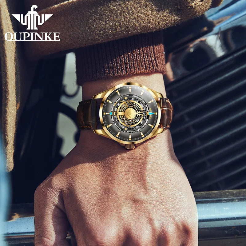 OUPINKE 3206 Automatic Mechanical Watch for Men Hollow 40mm Dial Original Hand Clock Synthetic Sapphire Mirror Leather Man Watch