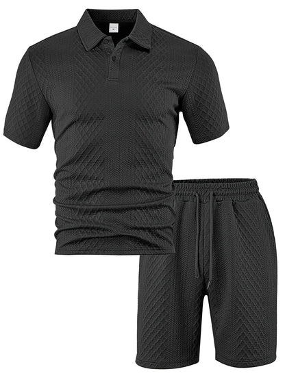2025 Summer New Men's Casual Sportswear Polo Shirt With A Lapel, Men's Short-sleeved Shirt And Shorts, Jacquard Texture Suit