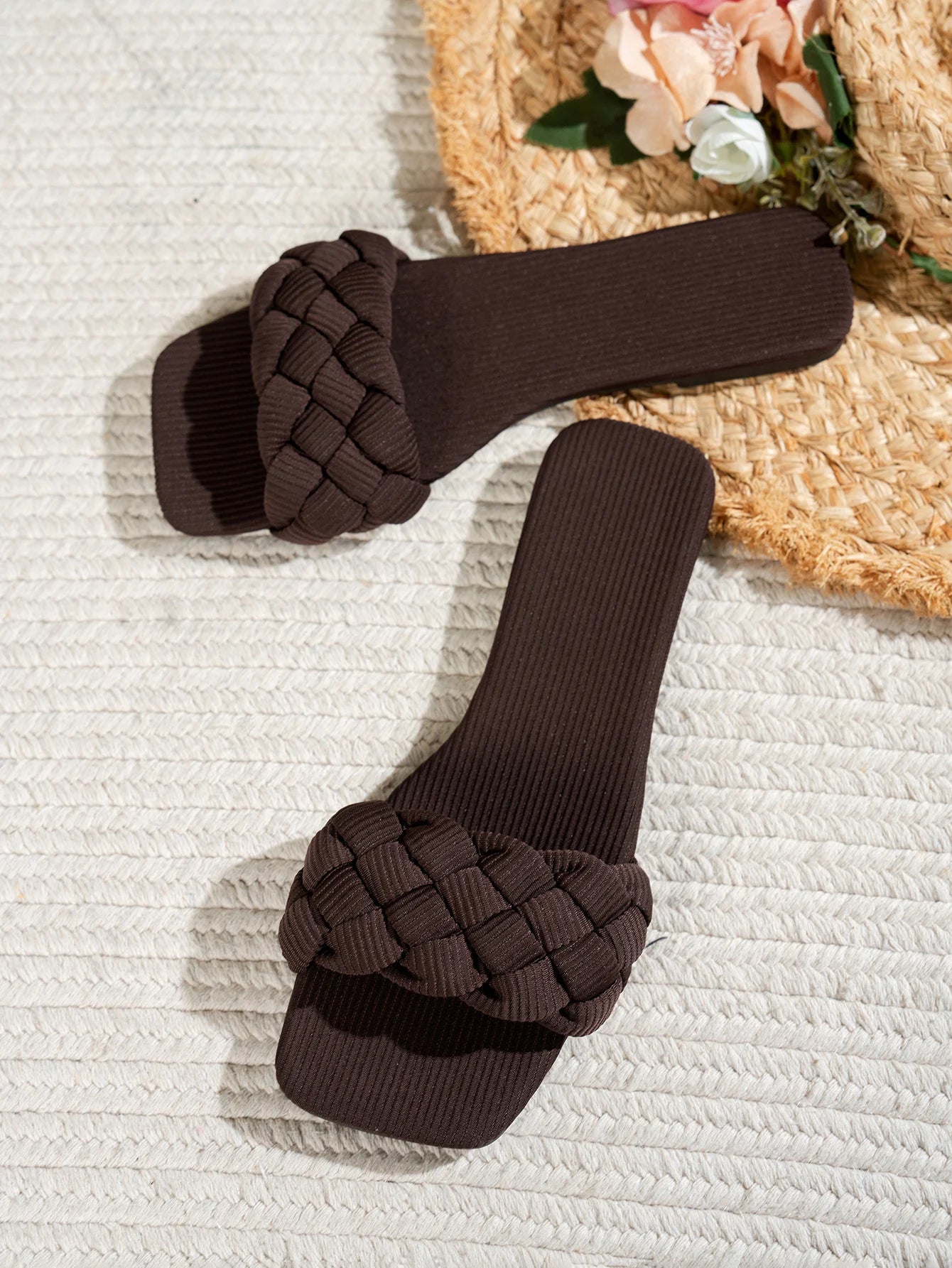 Square-toe Basket-Woven Sandals, Flat Home Slippers
