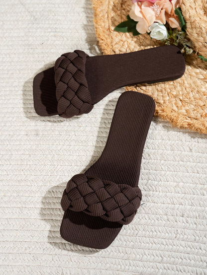 Square-toe Basket-Woven Sandals, Flat Home Slippers