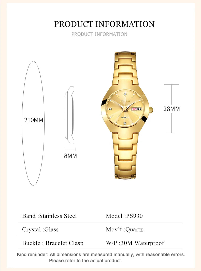 Swiss Brand POSHI Women Watch Stainless Steel Simple Waterproof Luminous with Date Week Quartz Watches Elegant Bracelet for Gift