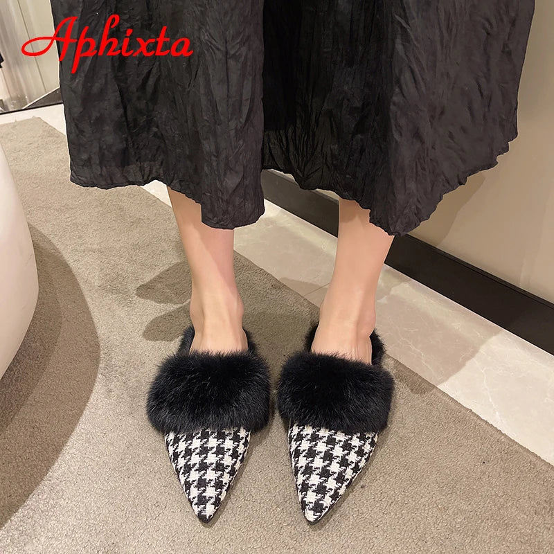 Aphixta New Warm Winter Real Rabbit Fur Plush Women Slippers Birds Furry Plaid Shoes Pointed Toe Flat Heel Hair Slides