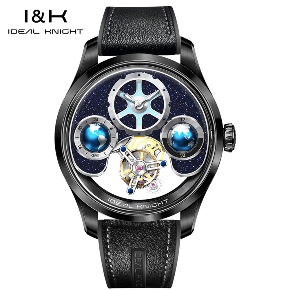 IDEAL KNIGHT 6808 Man Watch Blue Earth Dial Hollow Mechanical Watches For Men Waterproof Tourbillon Men's Automatic Wristwatches