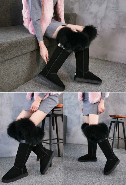 Winter Natural Fox Fur Long Boots Winter Fur Black Genuine Leather Snow Boots Knee- High Boots Waterproof Flat Raccoon Fur Boot