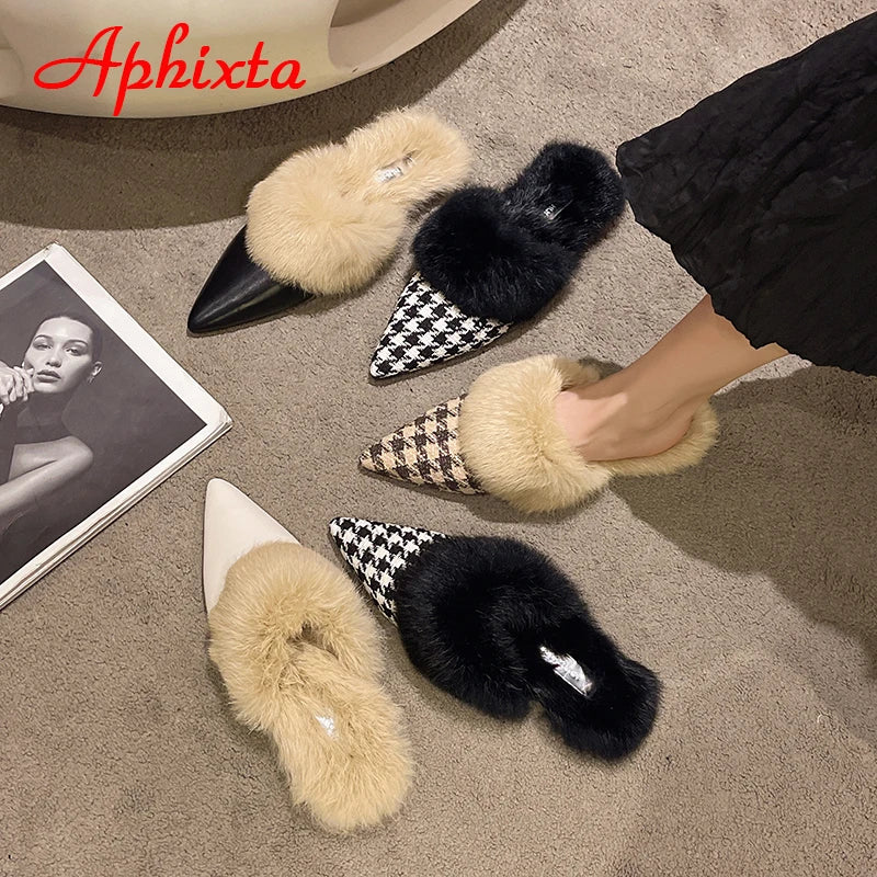 Aphixta New Warm Winter Real Rabbit Fur Plush Women Slippers Birds Furry Plaid Shoes Pointed Toe Flat Heel Hair Slides