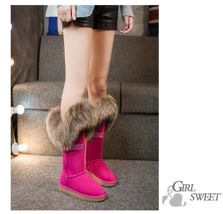 Winter Natural Fox Fur Long Boots Winter Fur Black Genuine Leather Snow Boots Knee- High Boots Waterproof Flat Raccoon Fur Boot