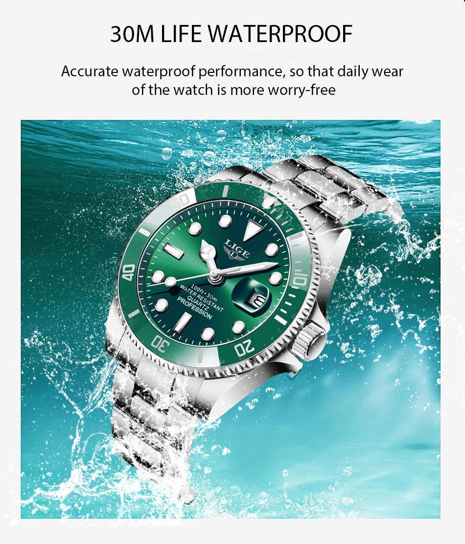 LIGE Top Brand Luxury Fashion Diver Watch Men 30ATM Waterproof Date Clock Sport Watches Mens Quartz Wristwatch Relogio Masculino