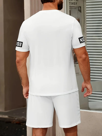 The 2025 summer new men's suit features a casual and fashionable T-shirt with a letter print pattern, short sleeves and shorts,