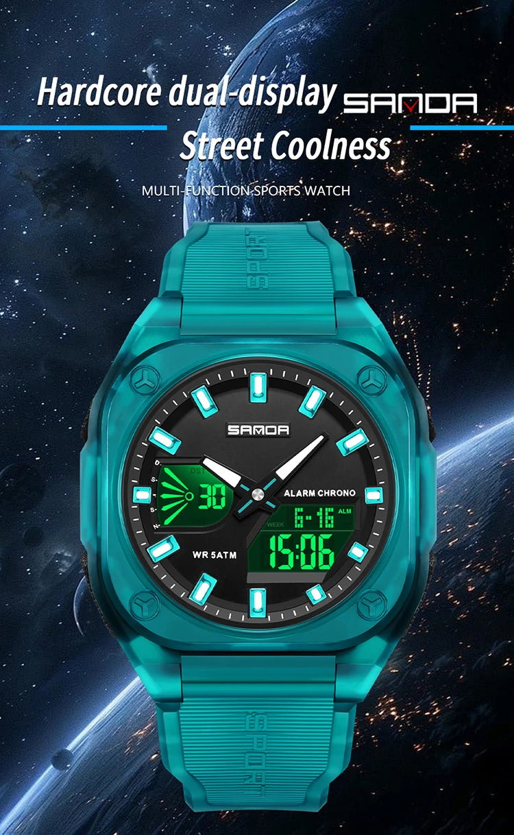 SANDA Quartz Watches for Men's Luxury Military Sport Chronograph Waterproof LED Dual Display Electronic Man Watches Reloj Hombre