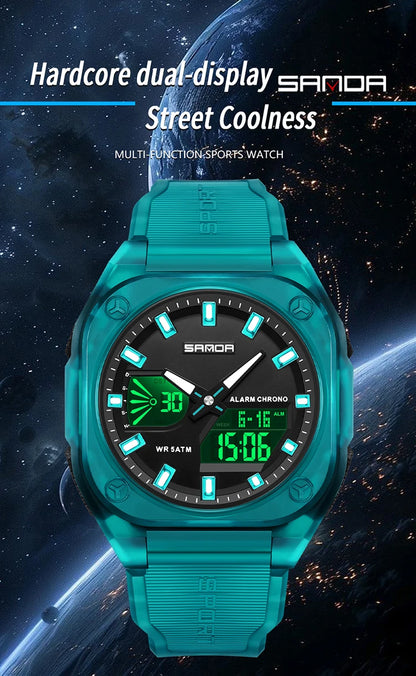 SANDA Quartz Watches for Men's Luxury Military Sport Chronograph Waterproof LED Dual Display Electronic Man Watches Reloj Hombre