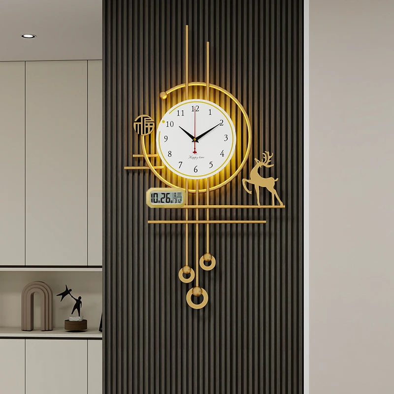 European Luxury Pendulum Wall Clock | Classic Luminous Hanging Clock in Gold for Elegant Home Decoration