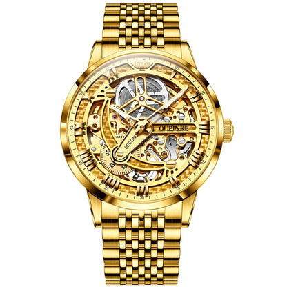 OUPINKE 3173 Men's Full Gold Watch Fully hollow out Waterproof top-level luxury automatic mechanical watch