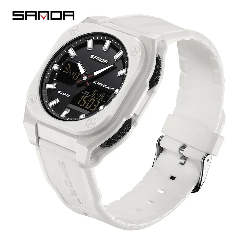 SANDA Quartz Watches for Men's Luxury Military Sport Chronograph Waterproof LED Dual Display Electronic Man Watches Reloj Hombre