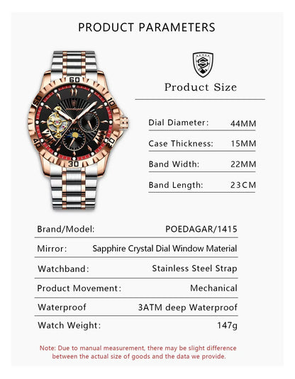 POEDAGAR Luxury Men Clock Hollow Tourbillon Automatic Mechanical Man Watch Waterproof Luminous Stainless Steel Men's Watches+Box