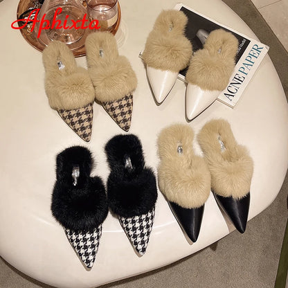 Aphixta New Warm Winter Real Rabbit Fur Plush Women Slippers Birds Furry Plaid Shoes Pointed Toe Flat Heel Hair Slides