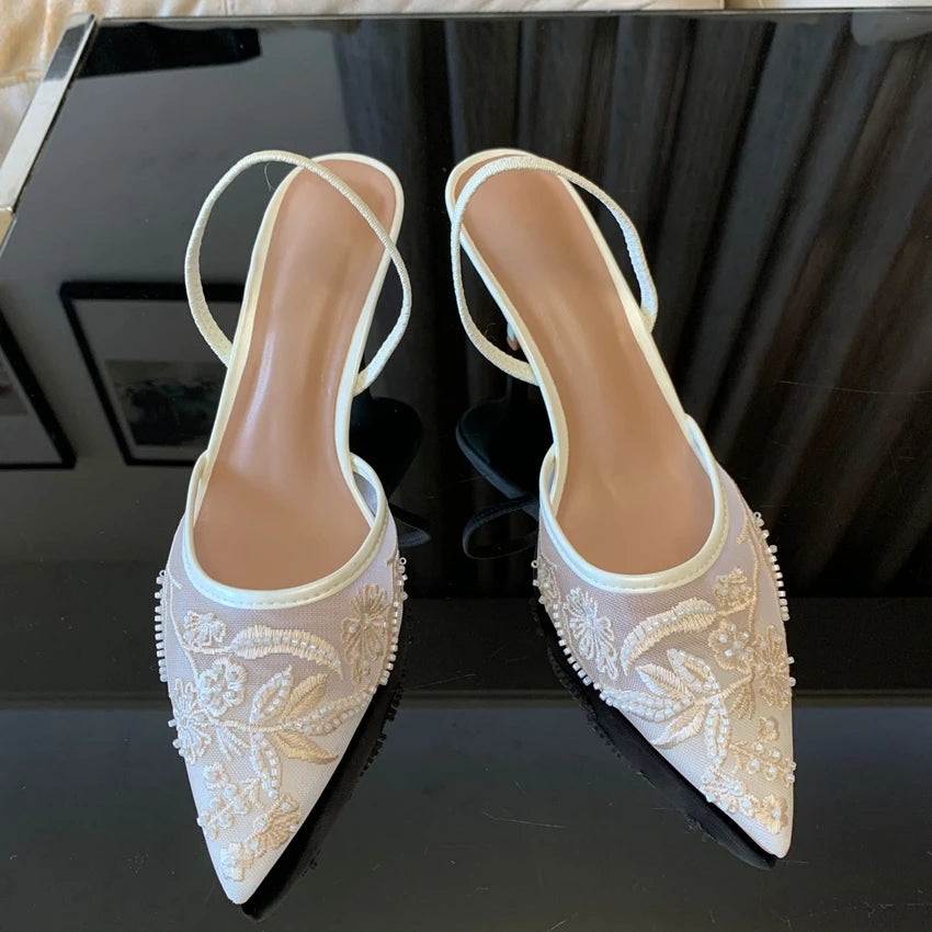 Brand Designer White Women Pumps Mesh Embroidered Flowers Back Strap Sexy Slingback High Heels Dress Wedding Shoes for Ladies