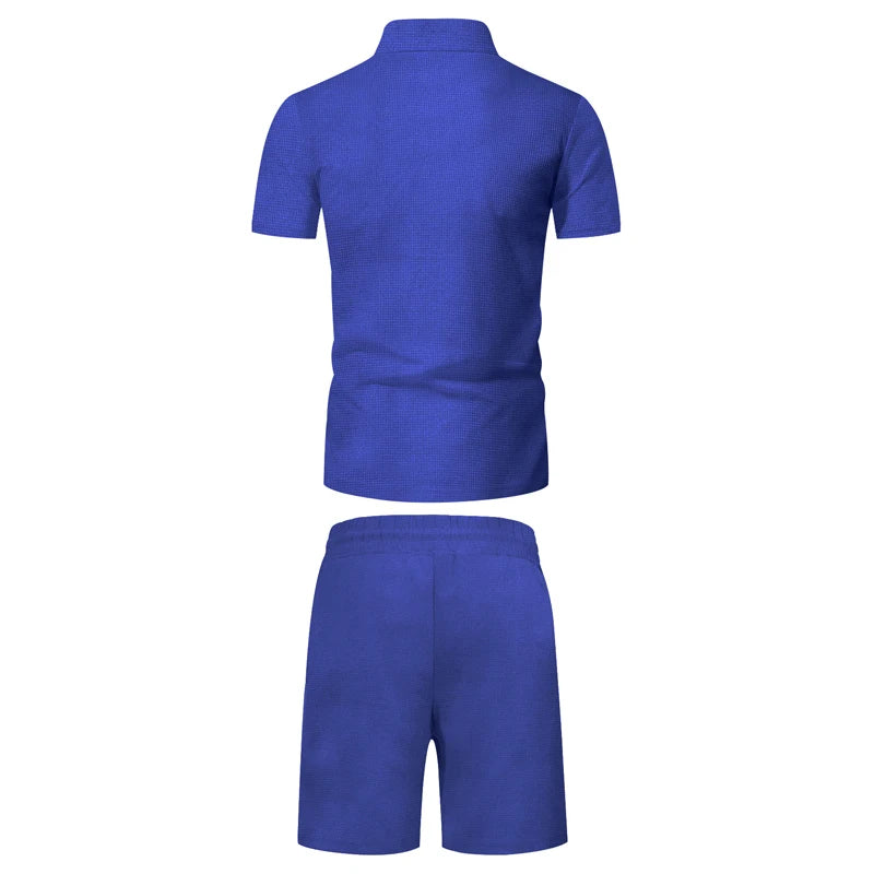 Men's Comfortable Short-Sleeved Waffle Polo Shirt And Shorts Set - Breathable Lightweight Spring/Summer Clothing