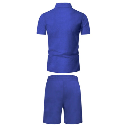 Men's Comfortable Short-Sleeved Waffle Polo Shirt And Shorts Set - Breathable Lightweight Spring/Summer Clothing