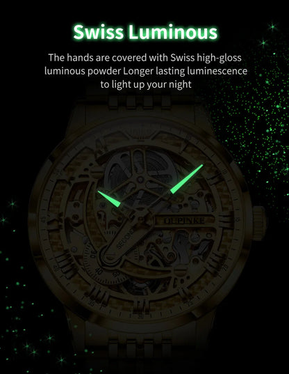 OUPINKE 3173 Men's Full Gold Watch Fully hollow out Waterproof top-level luxury automatic mechanical watch