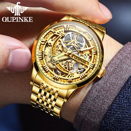OUPINKE 3173 Men's Full Gold Watch Fully hollow out Waterproof top-level luxury automatic mechanical watch