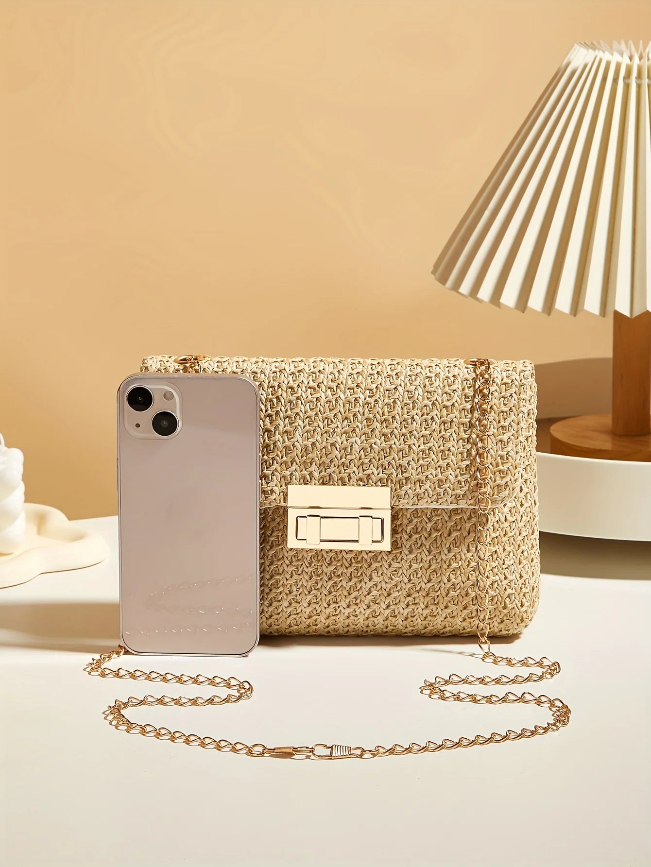 Woven Straw Handwoven Women's Shoulder Bag, Fashion Solid Color Crossbody Purse with Lock Closure