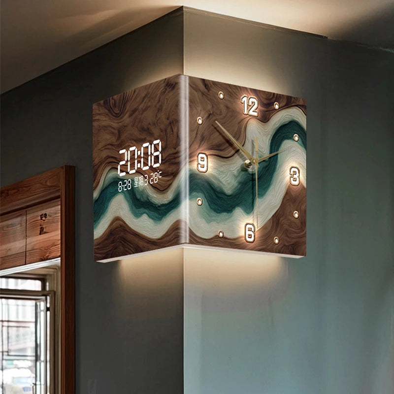 Abstract Double-Sided Acrylic Wall Clock | Silent Operation with Digital Display, Modern Home Living Room Decor