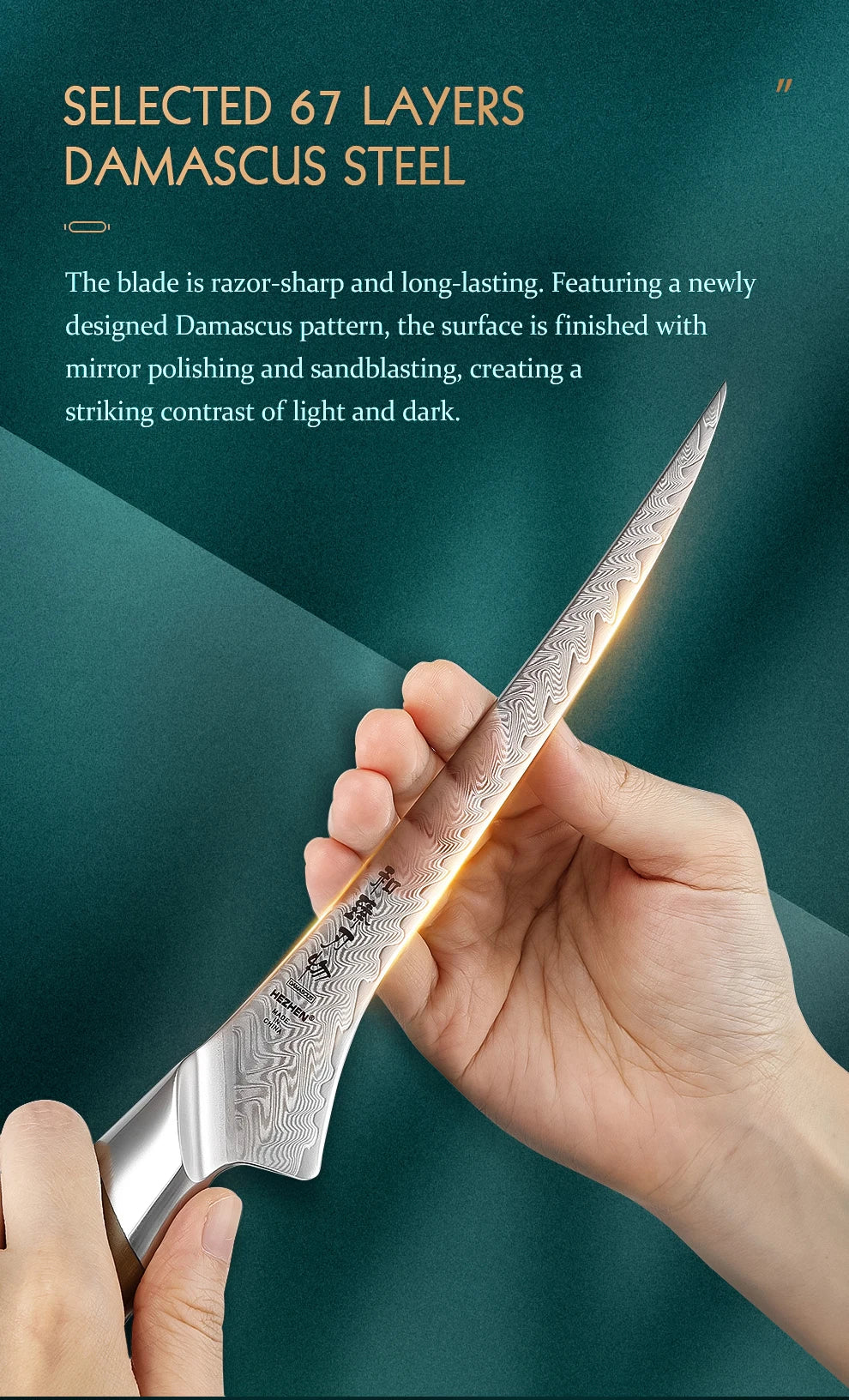HEZHEN 7.3 Inch Fillet Knife 10Cr15CoMoV Steel Core Damascus Steel Kitchen Knife Cooking Cutlery Kitchen Tools Filleting Knife