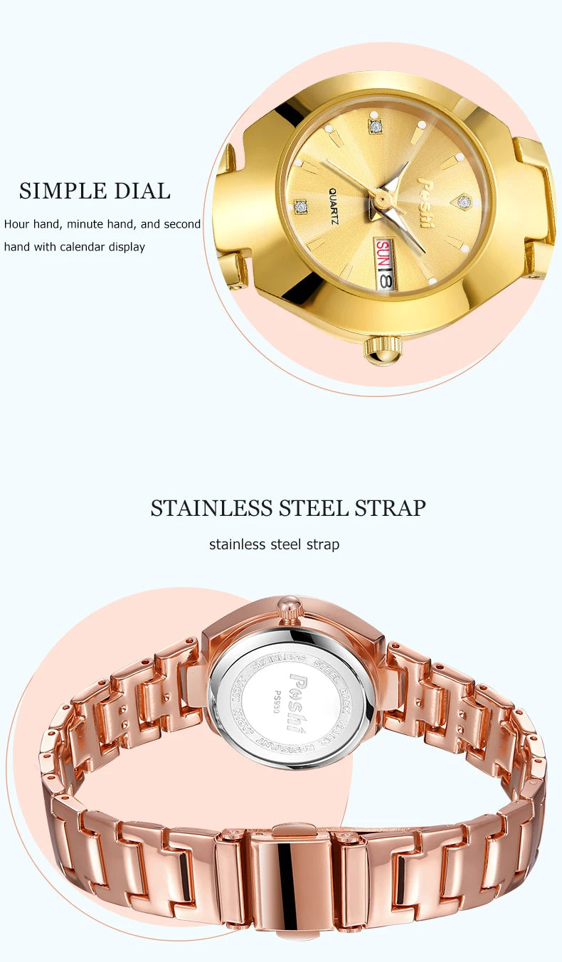 Swiss Brand POSHI Women Watch Stainless Steel Simple Waterproof Luminous with Date Week Quartz Watches Elegant Bracelet for Gift