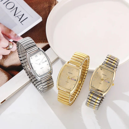 Barrel-Shaped Diamond-Encrusted Dual Calendar Week Men's Watch Week Fashion Casual Business Quartz Couple Watch One Man and One Woman