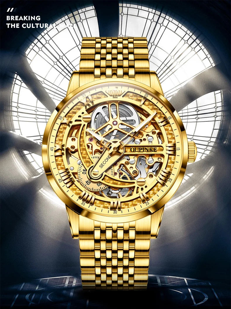 OUPINKE 3173 Men's Full Gold Watch Fully hollow out Waterproof top-level luxury automatic mechanical watch