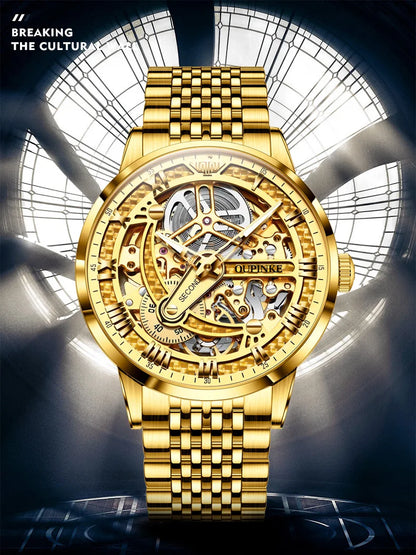 OUPINKE 3173 Men's Full Gold Watch Fully hollow out Waterproof top-level luxury automatic mechanical watch