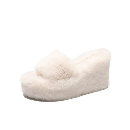 2024 Luxury New Women Feminine High-heeled Fur Drag Outdoor All-match Shoes Slippers Round Head Wedges with Mink Fur Slippers