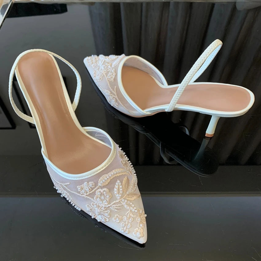Brand Designer White Women Pumps Mesh Embroidered Flowers Back Strap Sexy Slingback High Heels Dress Wedding Shoes for Ladies
