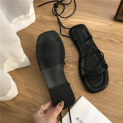 Summer Slippers Women Sandals Narrow Vintage Square Toe Flat Cross Strap Thong Sandals V Shape Design Shoes Women Plus Size43