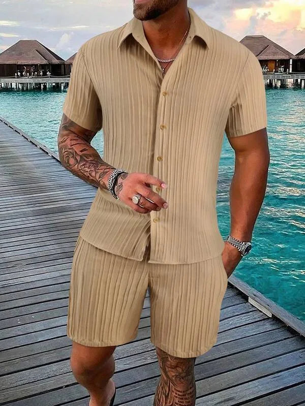 Hot autumn men's striped casual fashion suit shirt and shorts, beach casual suit autumn street wear