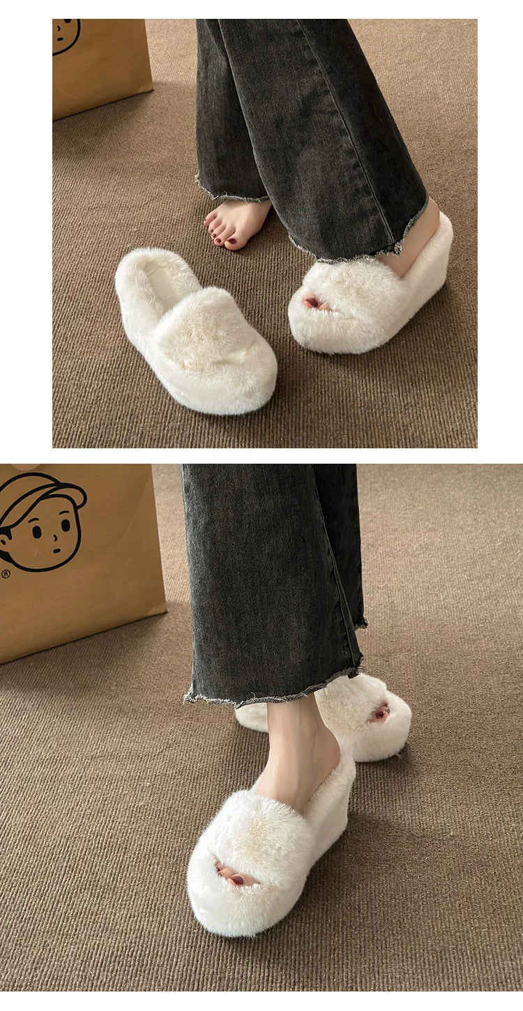 2024 Luxury New Women Feminine High-heeled Fur Drag Outdoor All-match Shoes Slippers Round Head Wedges with Mink Fur Slippers