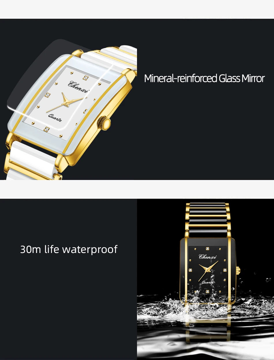 CHENXI 104A Fashion couple watches Rectangle Quartz Watch for Women Men Lovers Simulated-ceramics relojes para damas reloj mujer