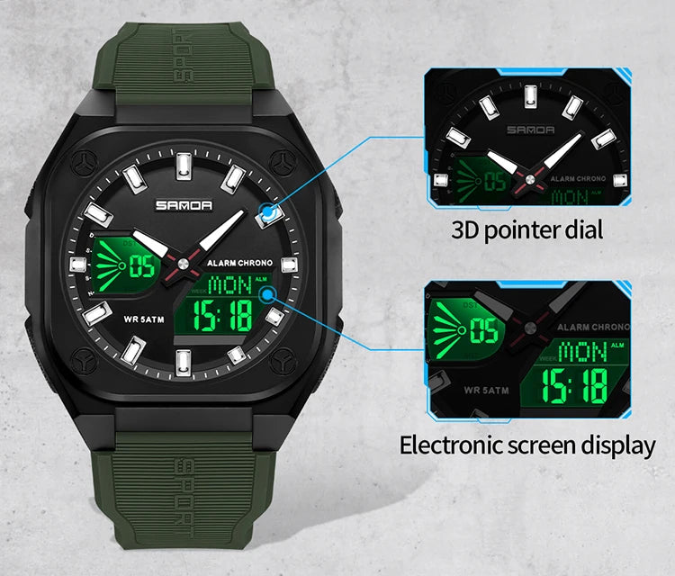 SANDA Quartz Watches for Men's Luxury Military Sport Chronograph Waterproof LED Dual Display Electronic Man Watches Reloj Hombre